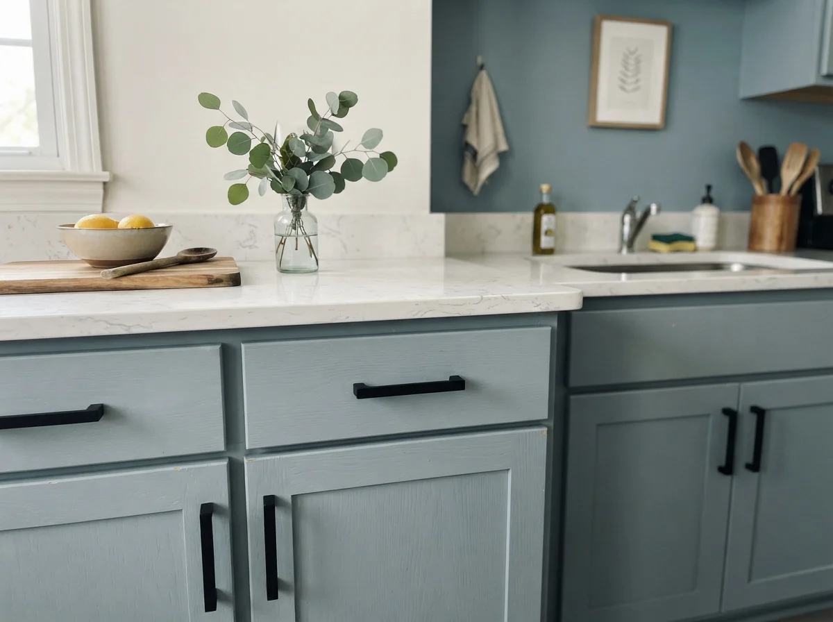 Shaker cabinet fronts with matte black hardware and white quartz countertop