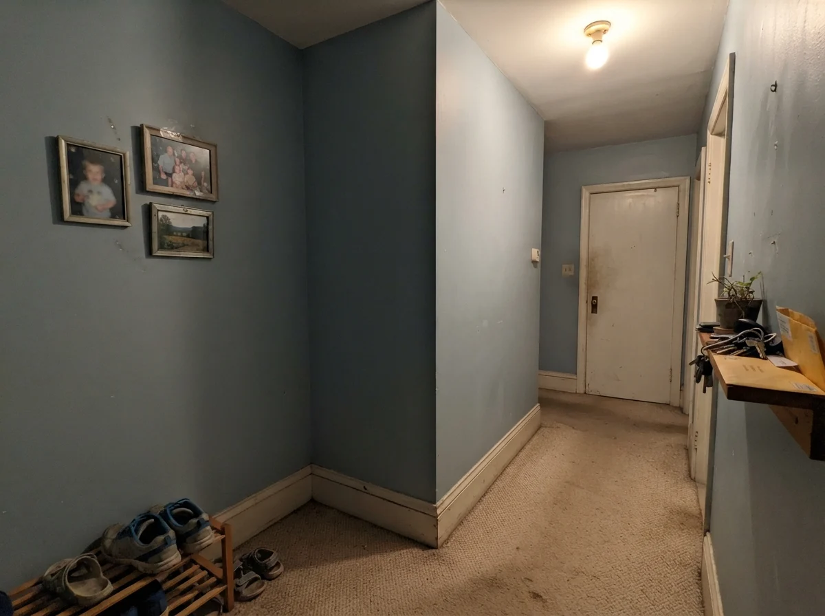 Windowless hallway corner showing paint looking flat and muddy gray above beige carpet
