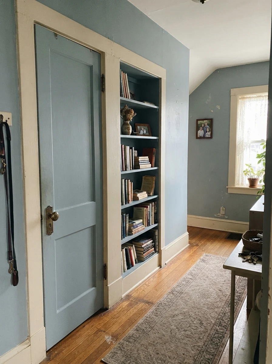 Hallway featuring a painted two-panel door and built-in bookshelf against cream walls
