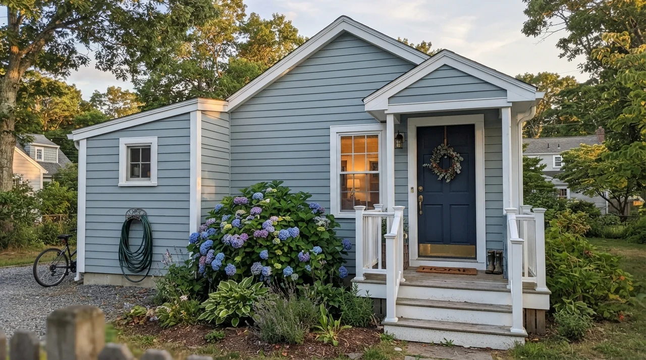 House exterior with horizontal blue-gray siding, white trim, and dark navy front door