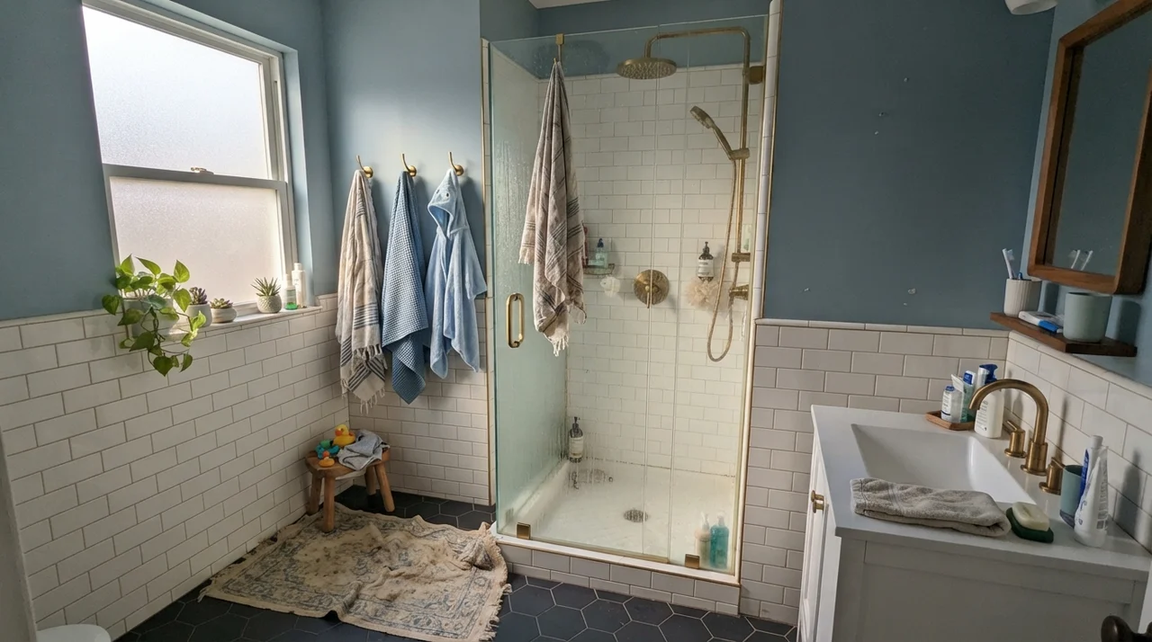 Family bathroom with painted upper walls, white subway tile wainscot, brass fixtures, and glass shower door