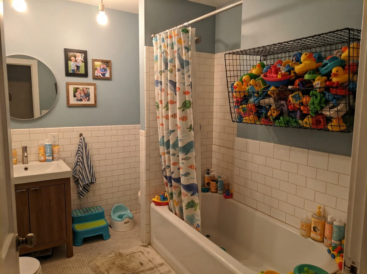 Kids' bathroom with painted walls above subway tile, shower curtain, and basket of bath toys