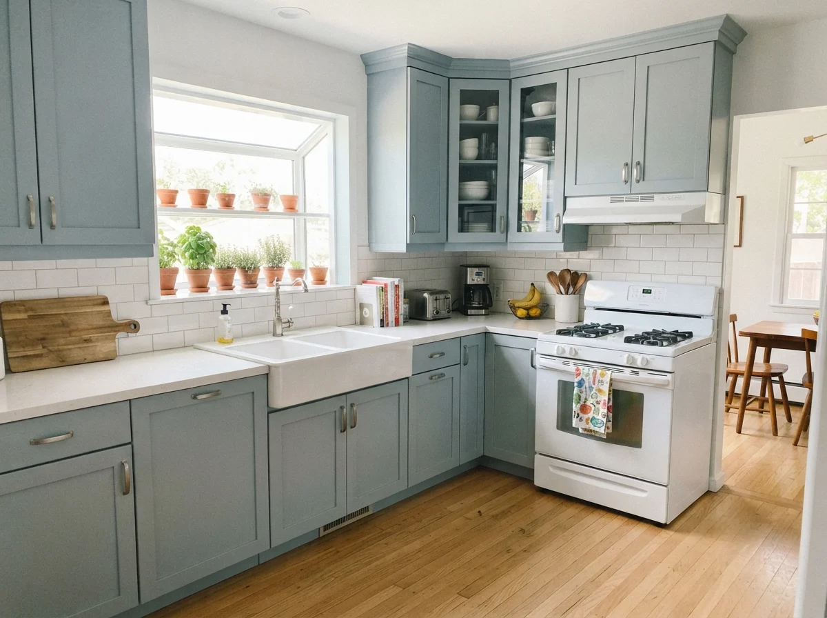 Kitchen shaker cabinets painted blue-gray against white subway tile and light oak flooring