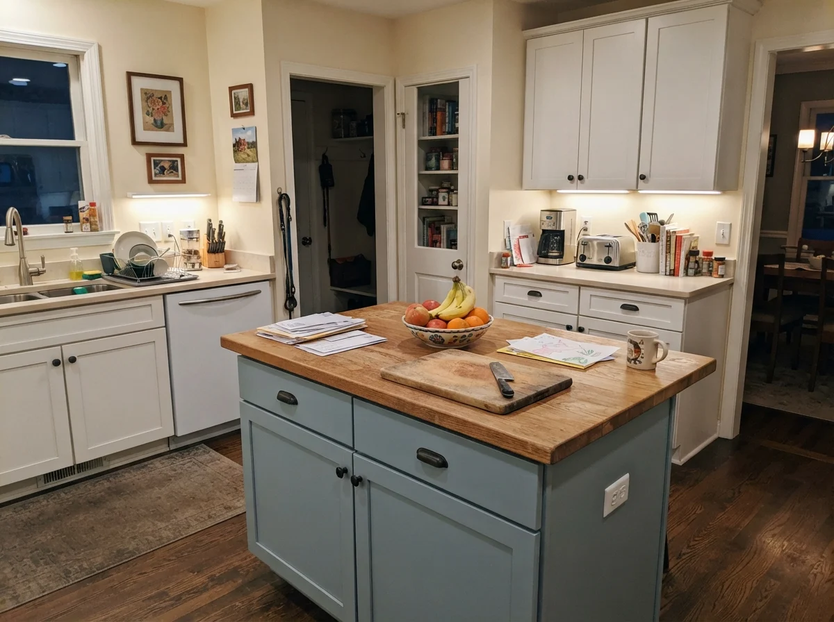 Kitchen island painted blue-gray surrounded by white cabinets with cutting boards on top