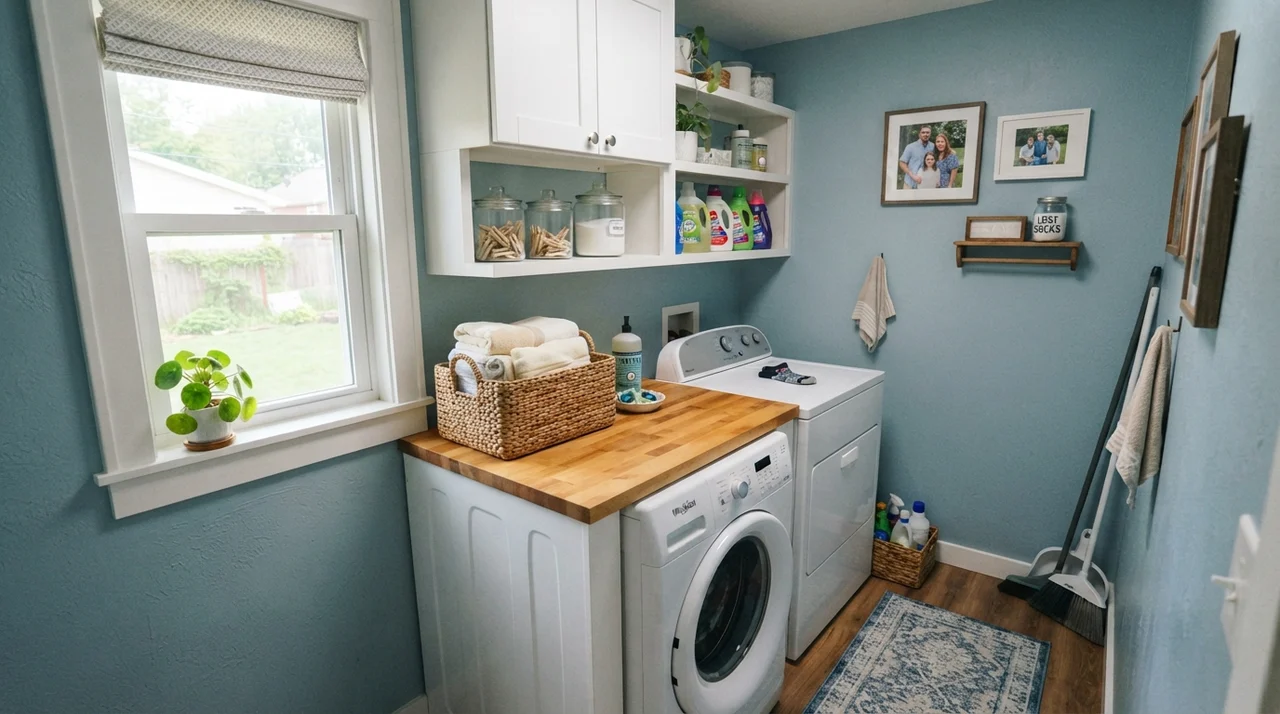 Laundry room with painted walls, white cabinets, butcher-block counter, and washer dryer