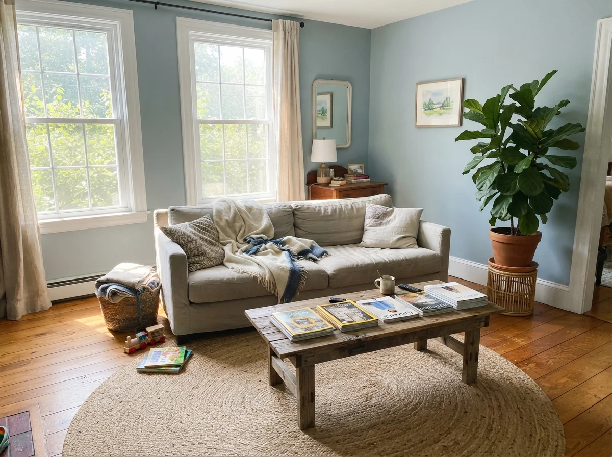 Bright living room with painted walls, linen sofa, wood coffee table, and large houseplant