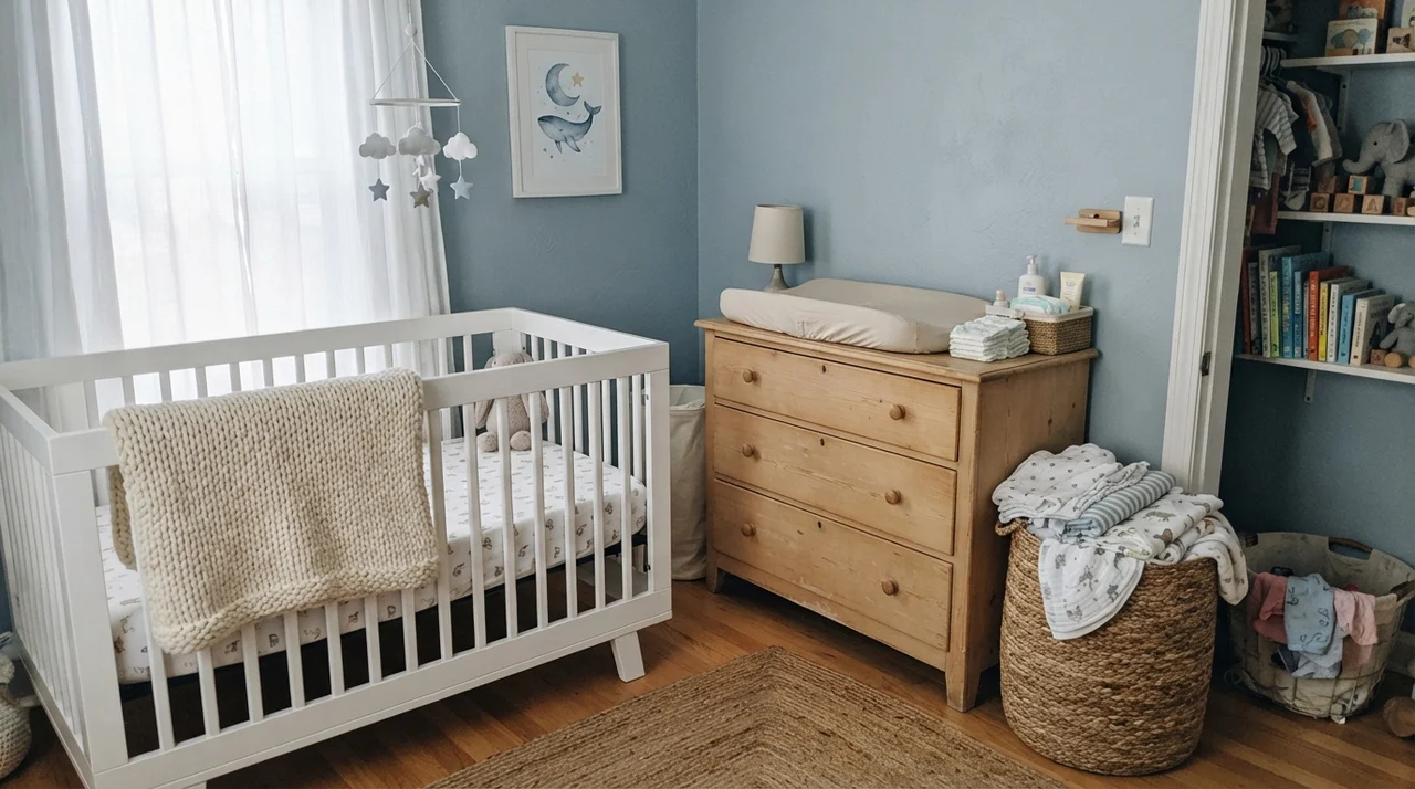 Nursery with painted walls, white crib, knit blanket, and light-wood changing dresser