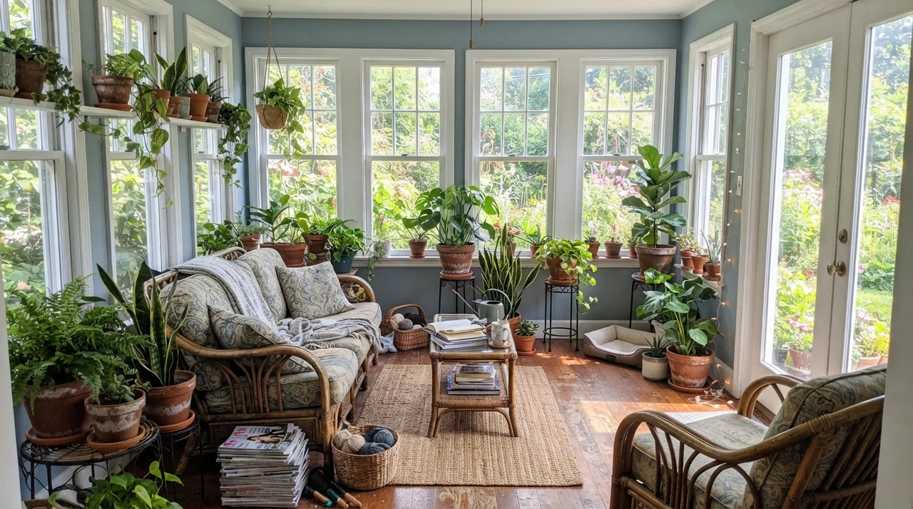 Sunroom with painted walls between white-framed windows and rattan furniture