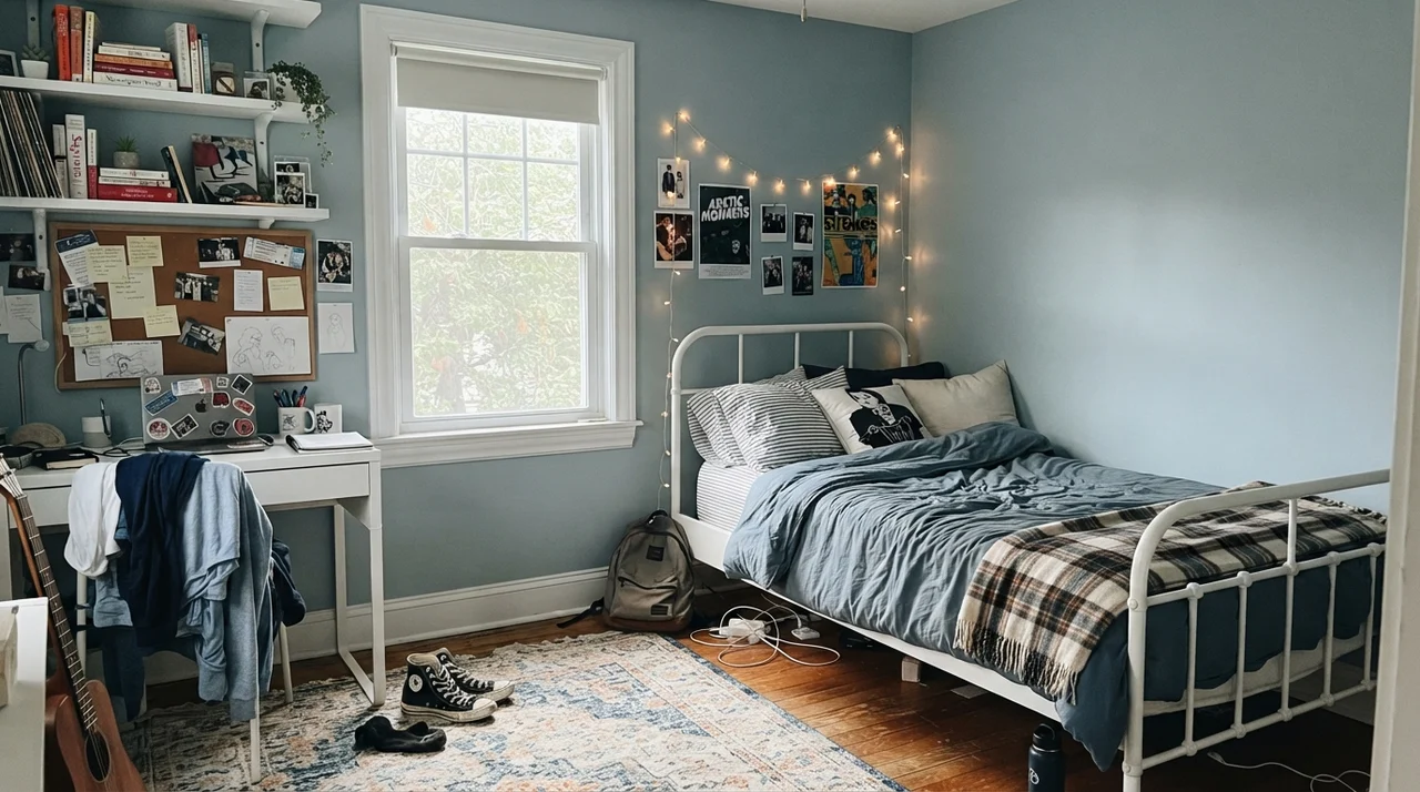 Teenager's room with painted walls, white metal bed, desk, and sneakers on floor