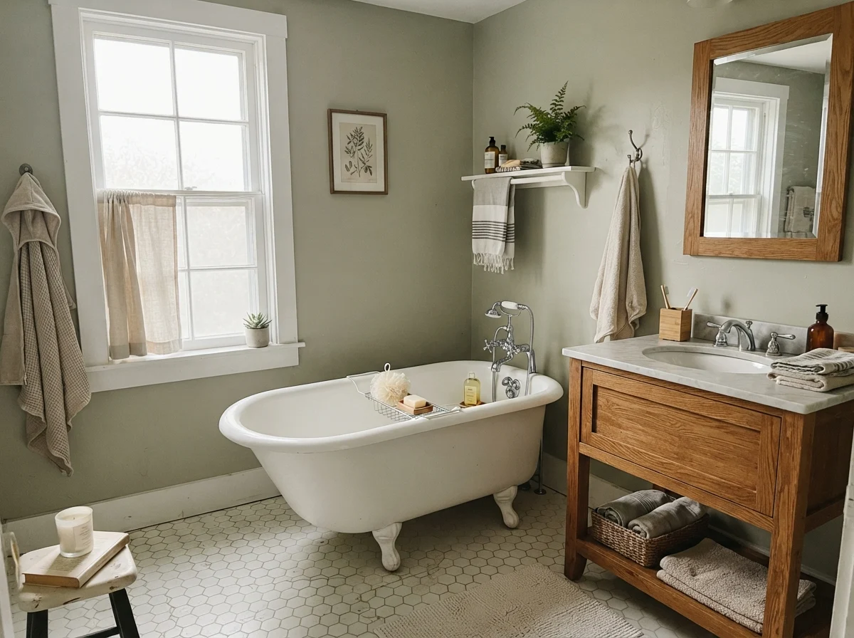 Cottage bathroom with Saybrook Sage walls, white clawfoot tub, hex tile, and oak vanity.