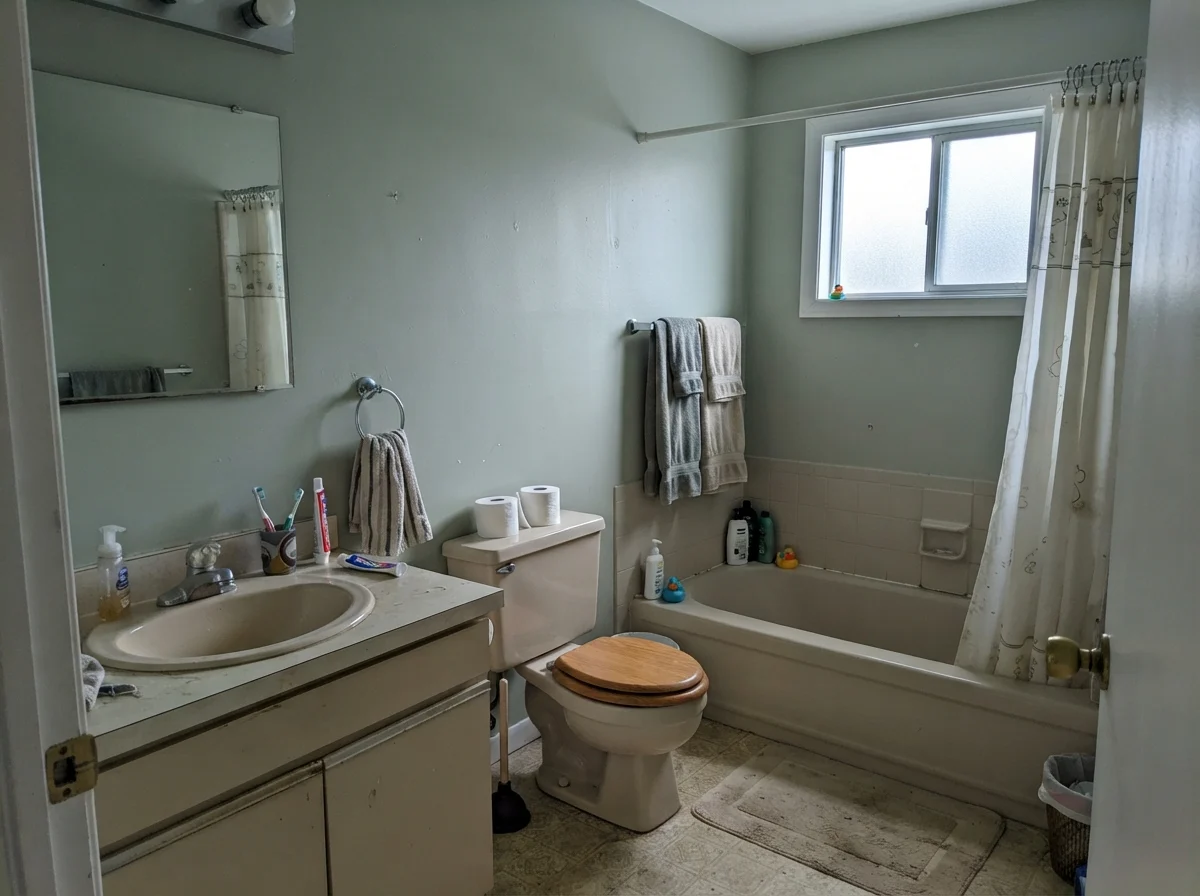 Modest dated bathroom with Saybrook Sage walls showing cool tones in rainy north light.