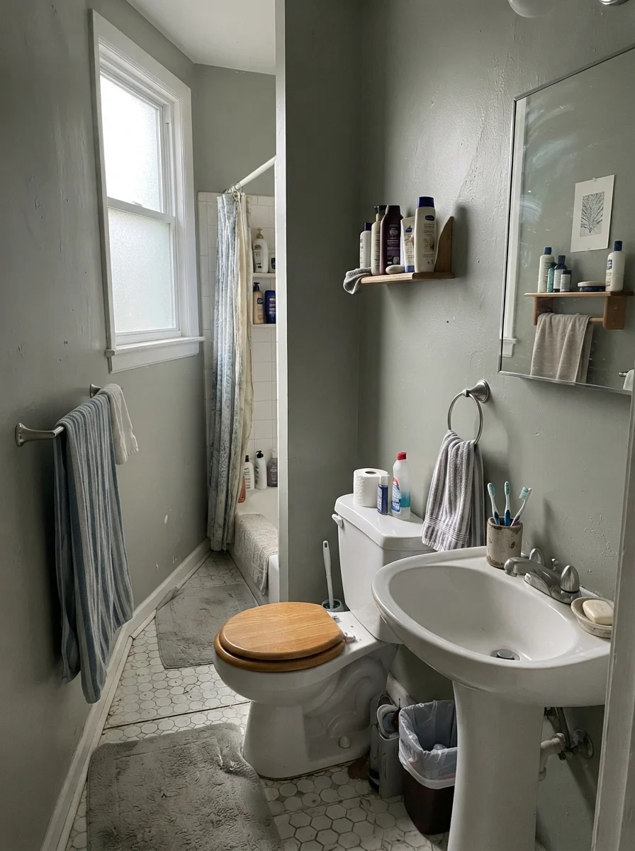 Small bathroom with Saybrook Sage walls looking muted and cool in overcast light.