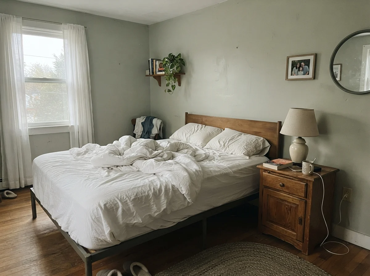 Simple bedroom with Saybrook Sage walls in cool early morning light, unmade white bedding, and wood nightstand.