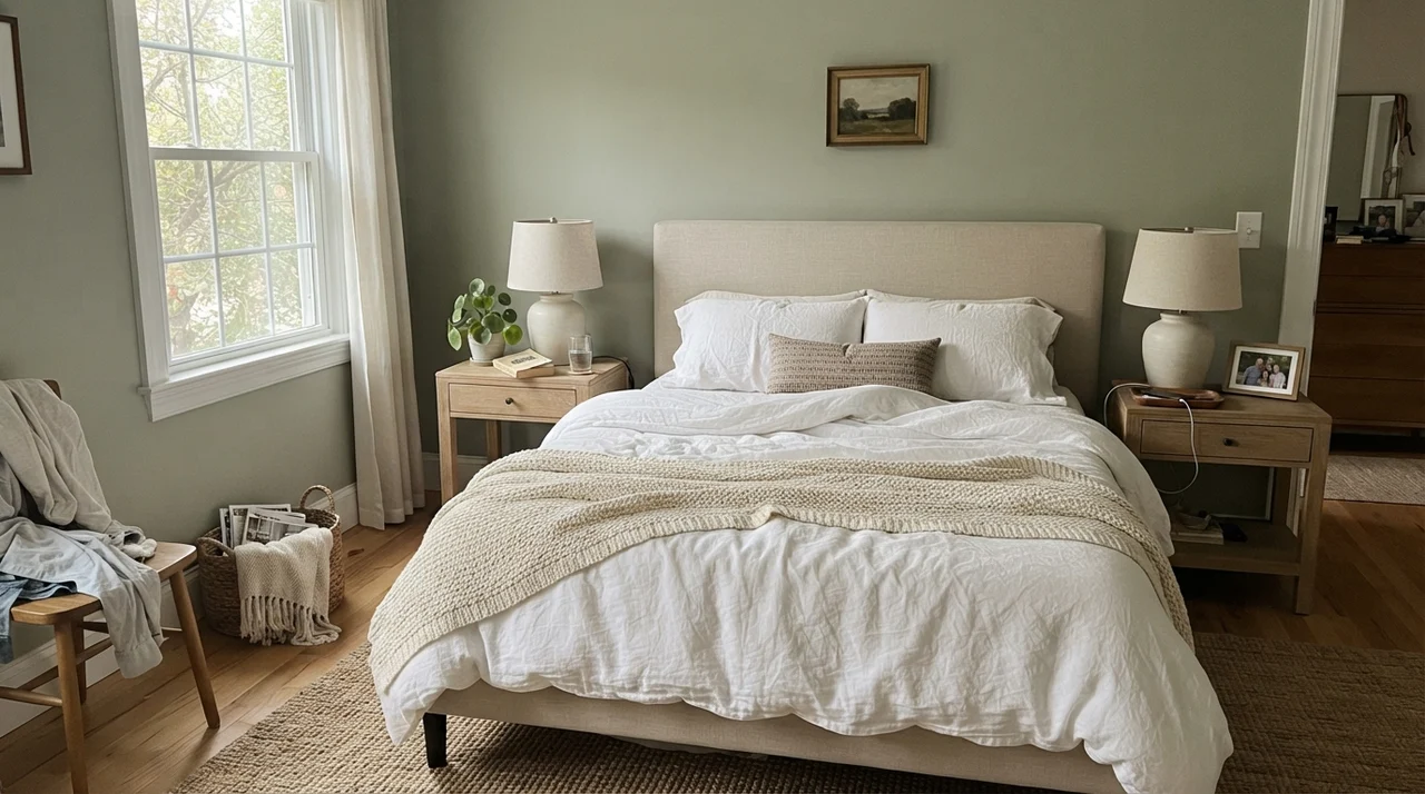 Main bedroom with Saybrook Sage walls, pale oak nightstands, and white linen bedding.