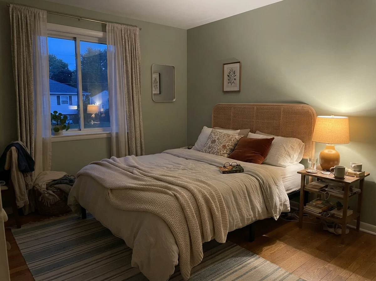 Bedroom with Saybrook Sage walls glowing under a warm lamp at dusk with rattan headboard.