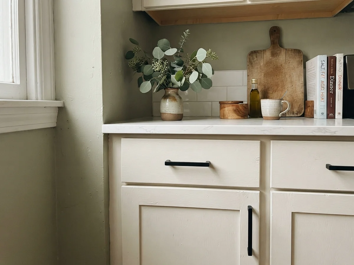 Detailed view of Saybrook Sage painted shaker cabinet fronts with black hardware and quartz counter.