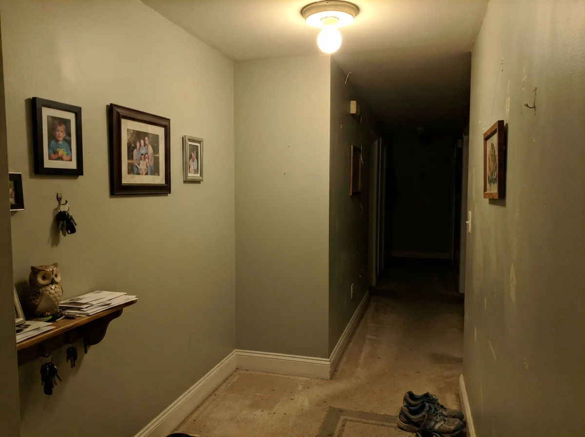 Unflattering dim hallway corner where Saybrook Sage looks muddy and putty-like under poor lighting.