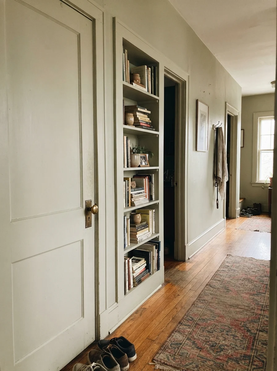 Hallway featuring a Saybrook Sage painted door and built-in bookshelf with brass doorknob.