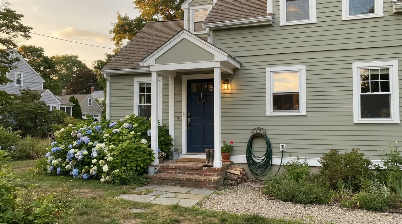 House exterior with horizontal siding painted in Saybrook Sage, white trim, navy front door, and hydrangeas.