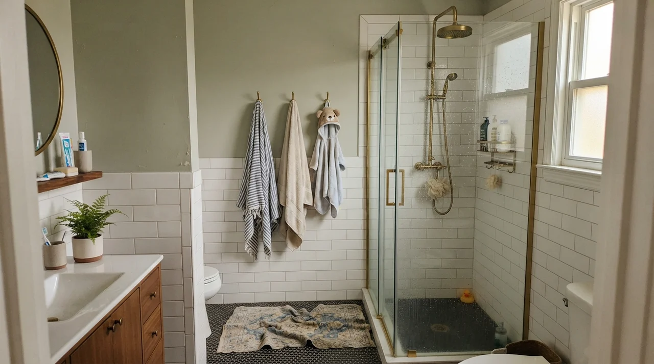 Family bathroom with Saybrook Sage upper walls over white subway tile wainscot, brass shower fixtures, and glass shower door.