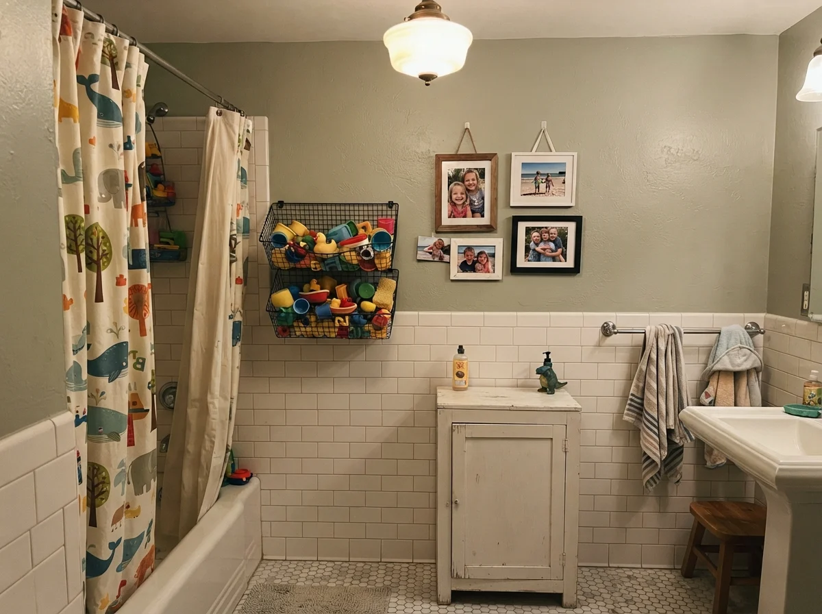 Kids bathroom with Saybrook Sage walls above white subway tile, bath toys, and family photos.