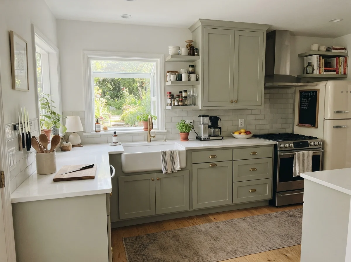 Kitchen with Saybrook Sage shaker cabinets, white subway backsplash, and light oak flooring.