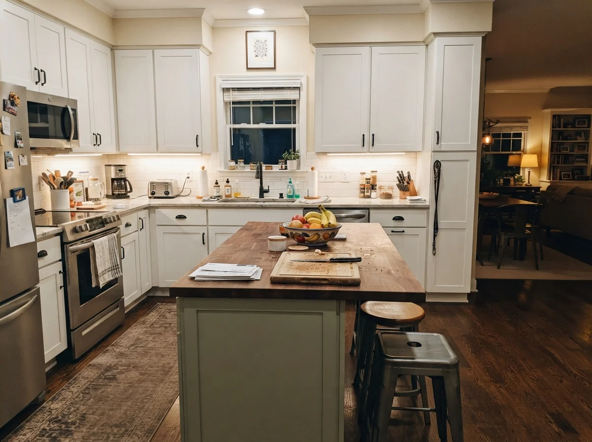 Family kitchen with Saybrook Sage island, white surrounding cabinets, and warm under-cabinet lights.