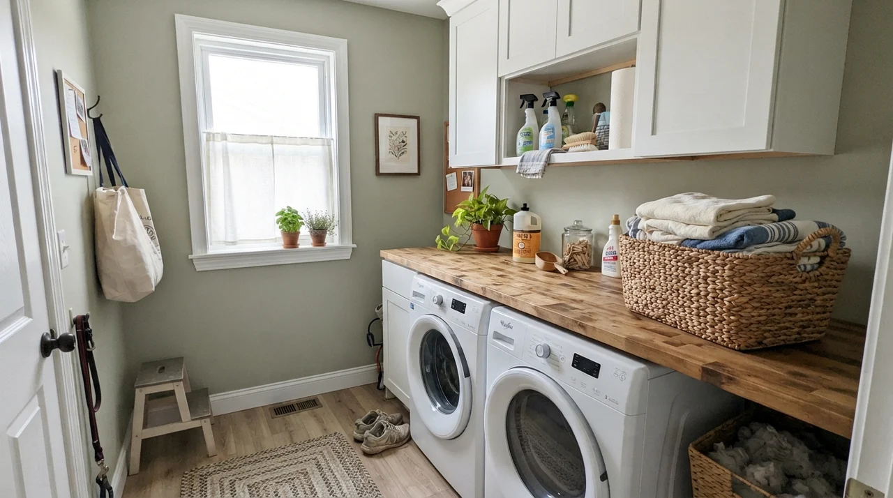 Laundry room with Saybrook Sage walls, butcher-block counter, and white cabinets in bright daylight.