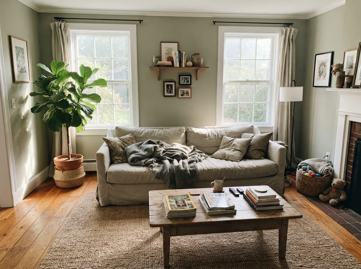 Living room with Saybrook Sage walls in bright sunshine, linen sofa, and wood coffee table.