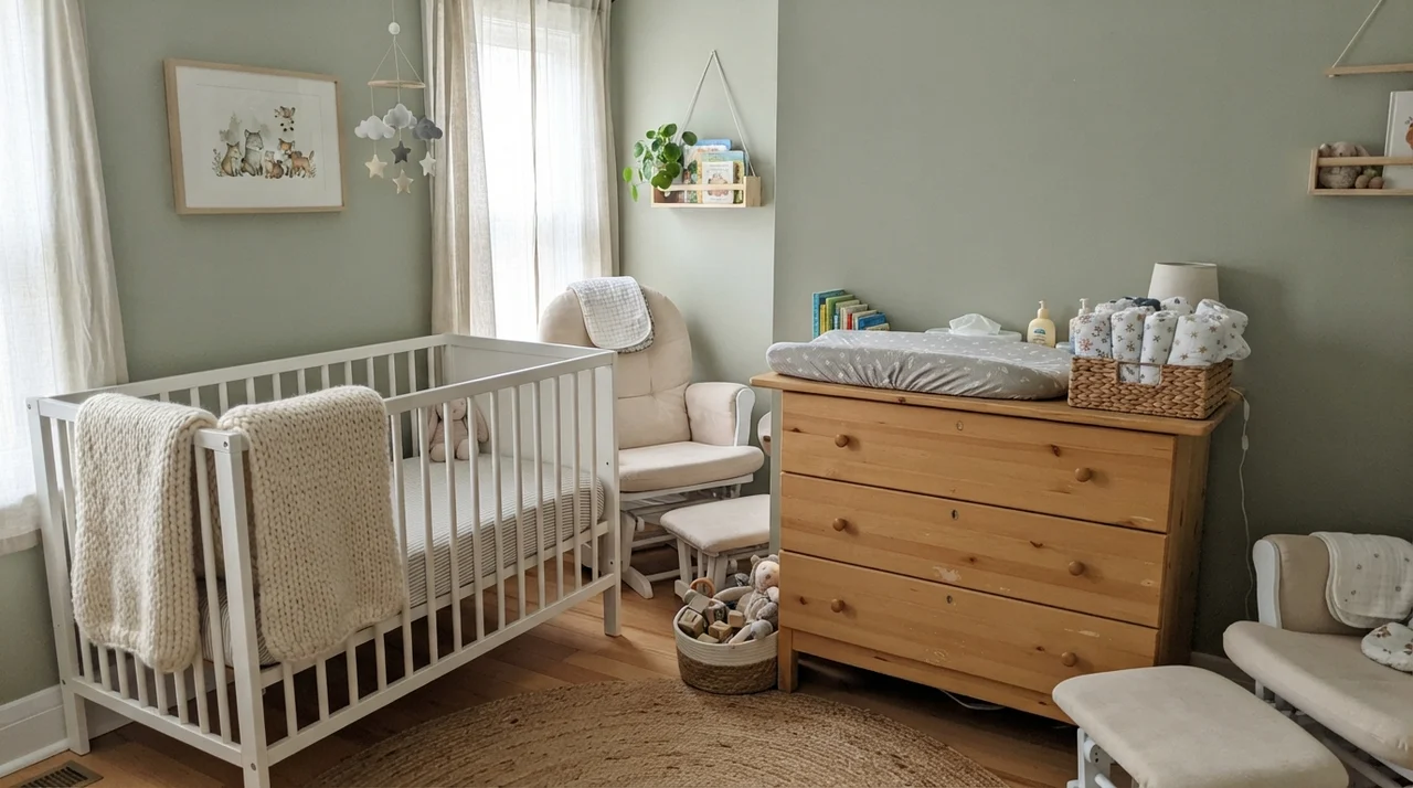 Nursery with Saybrook Sage walls, white crib, knit blanket, and light wood dresser.