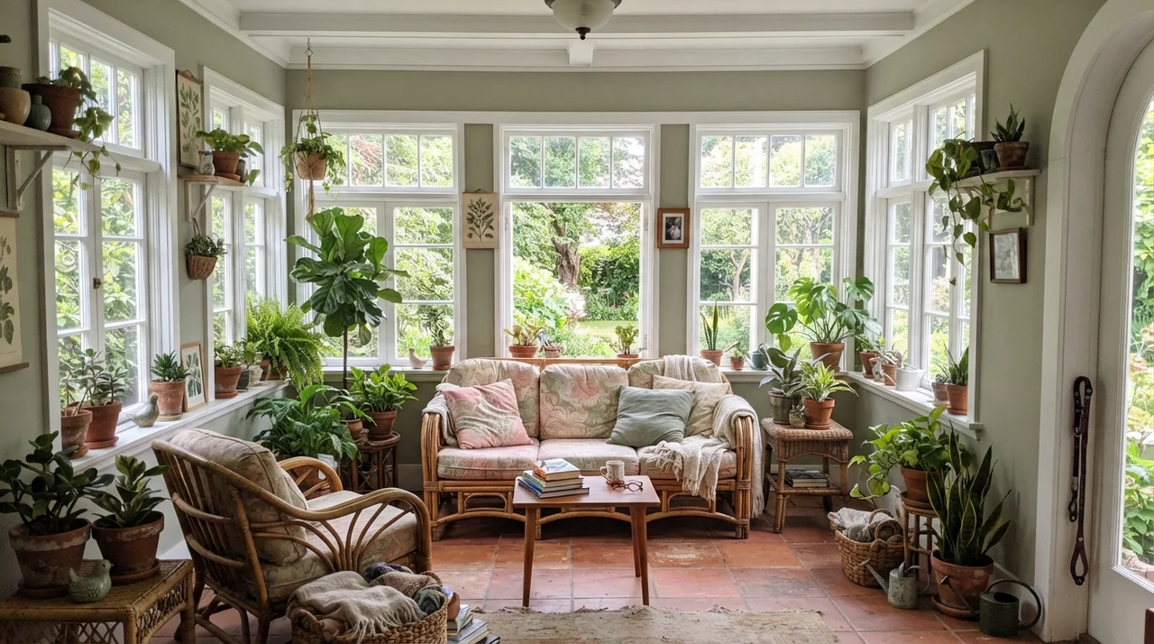Bright sunroom with Saybrook Sage walls, multiple windows, rattan furniture, and terracotta pots.
