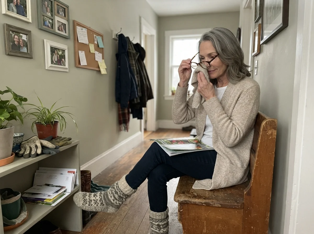 Susan Hartley wiping her glasses on her cardigan seated in a hallway painted in Saybrook Sage.
