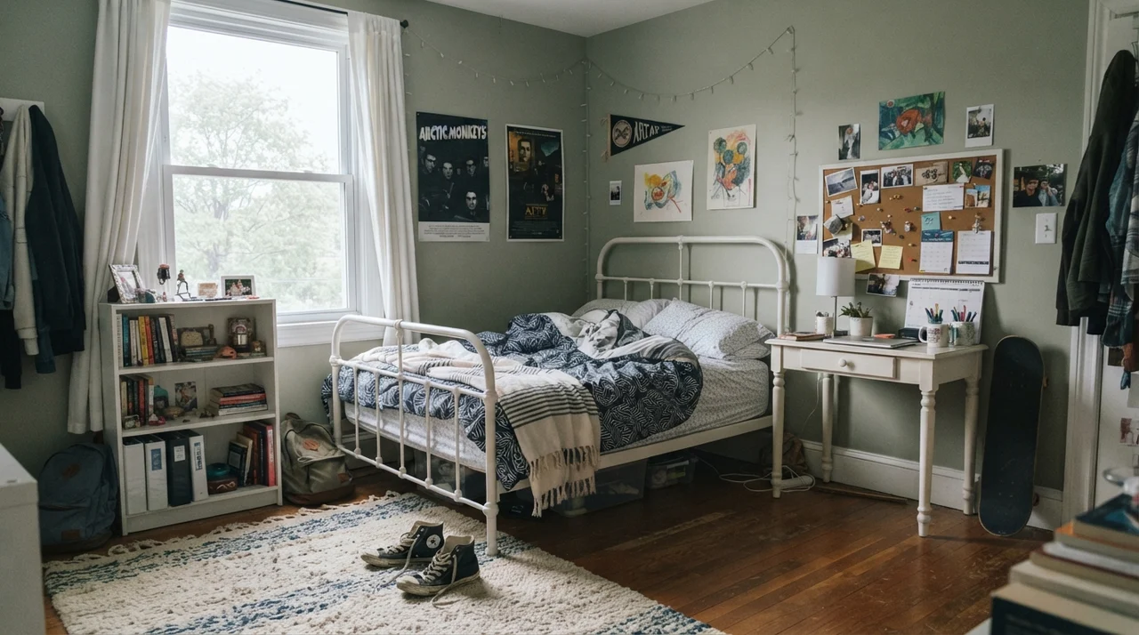 Teenager bedroom with Saybrook Sage walls, white metal bed frame, desk, and bookshelves.