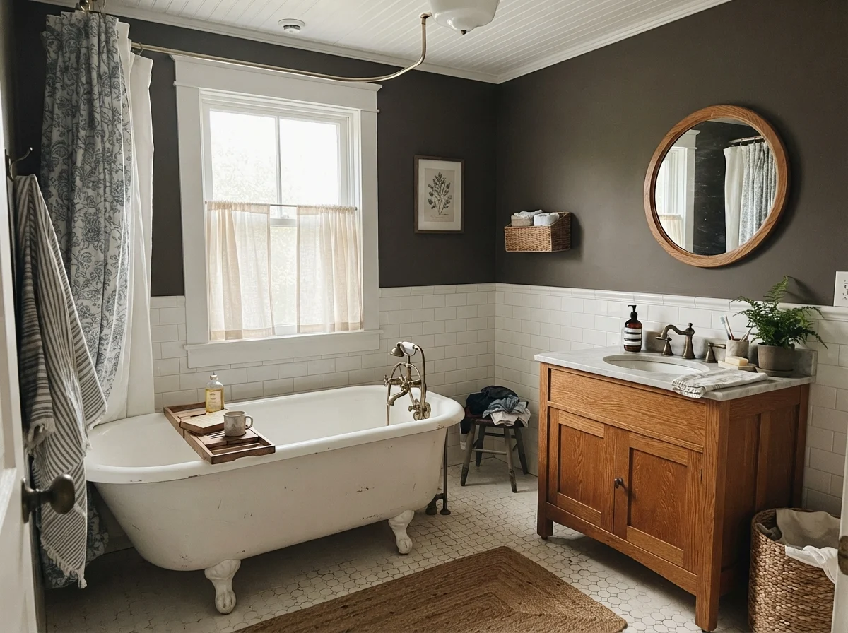 Cottage bathroom featuring white clawfoot tub, warm oak vanity, hex tile, and dark painted walls.