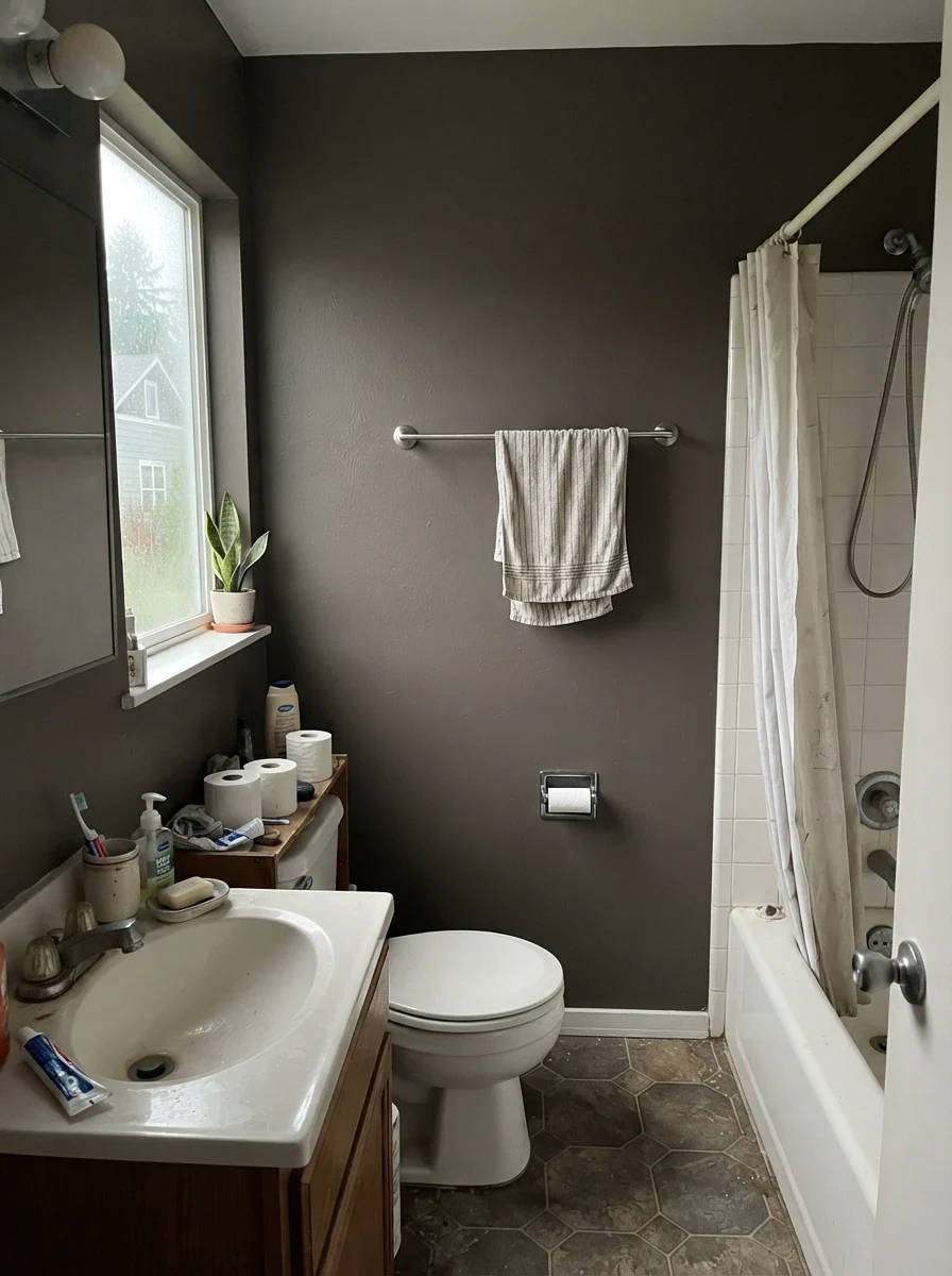 Small bathroom with dark walls muted by overcast window light next to white fixtures.