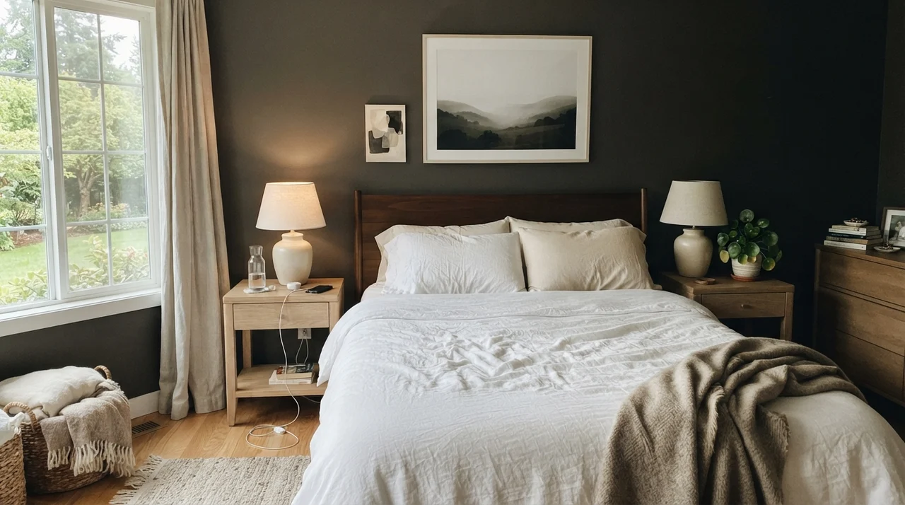 Main bedroom with dark brown-charcoal walls, pale oak nightstands, and crisp white linen bedding.