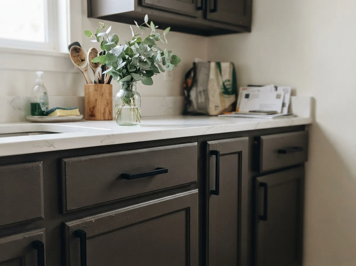 Close-up view of dark painted shaker cabinets with matte black pulls and white quartz counter.