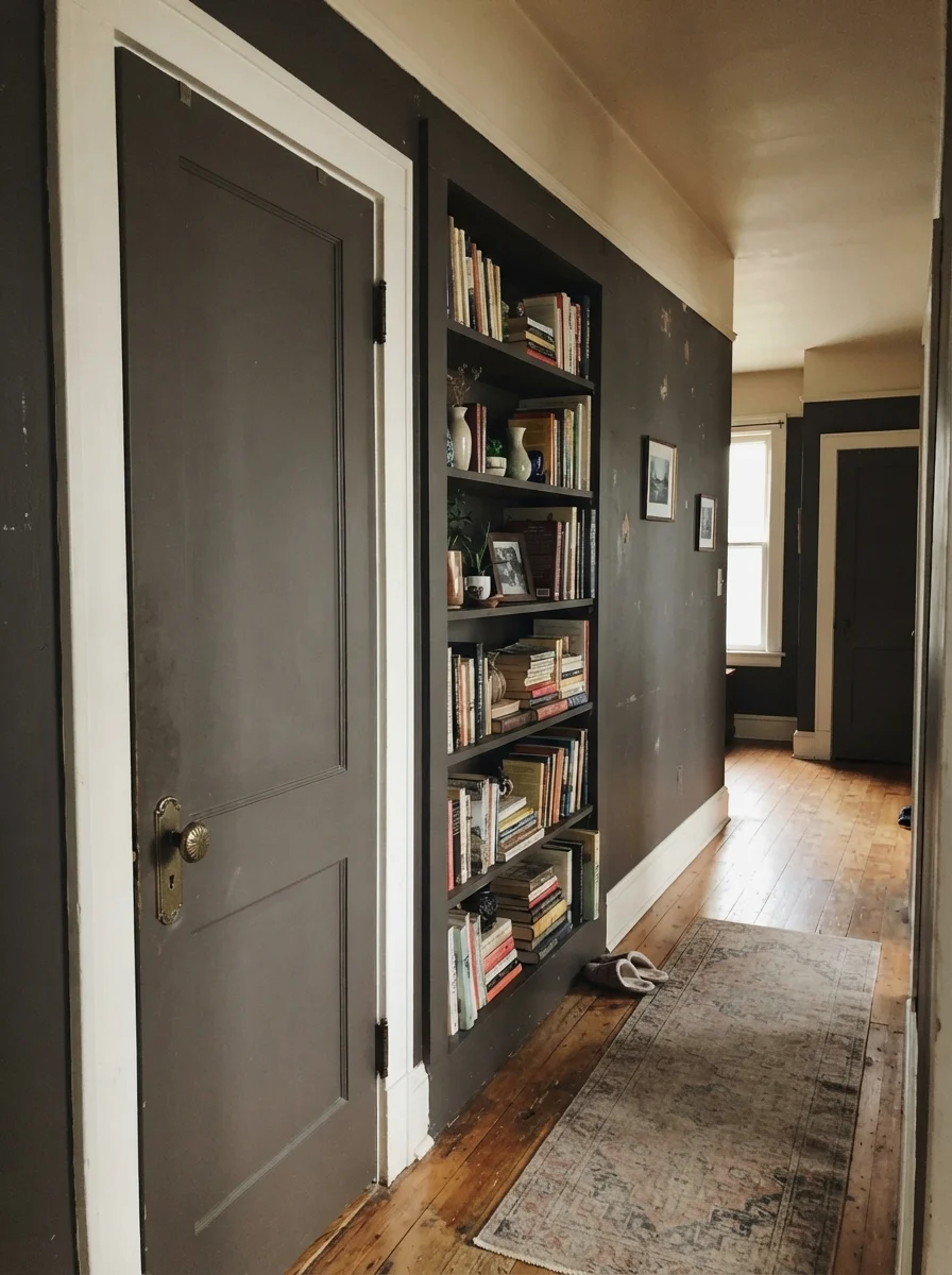 Hallway showing dark painted two-panel door, built-in bookshelf, brass door hardware, and wood floor.