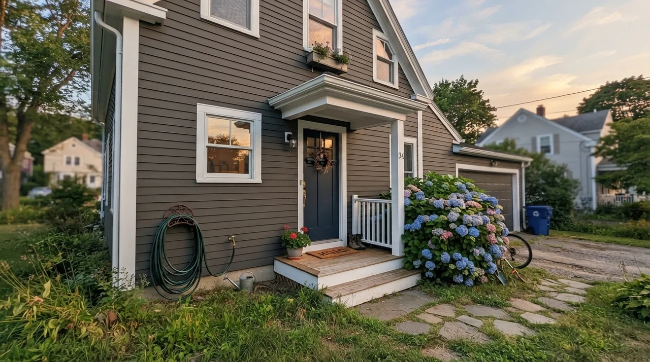 House exterior with horizontal siding painted in dark brown-charcoal, white trim, navy front door, and front porch.