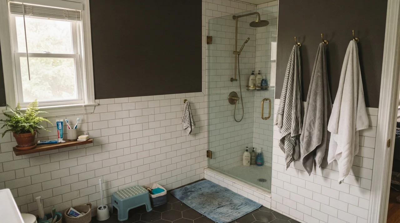 Family bathroom with white subway tile wainscot, glass shower door, and upper walls painted in dark brown-charcoal.