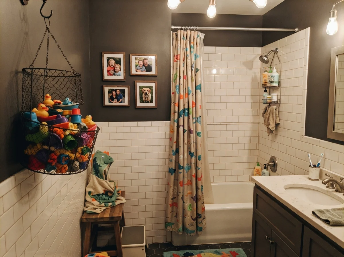 Kids bathroom with painted upper walls above white subway tile, family photos, and a basket of bath toys.
