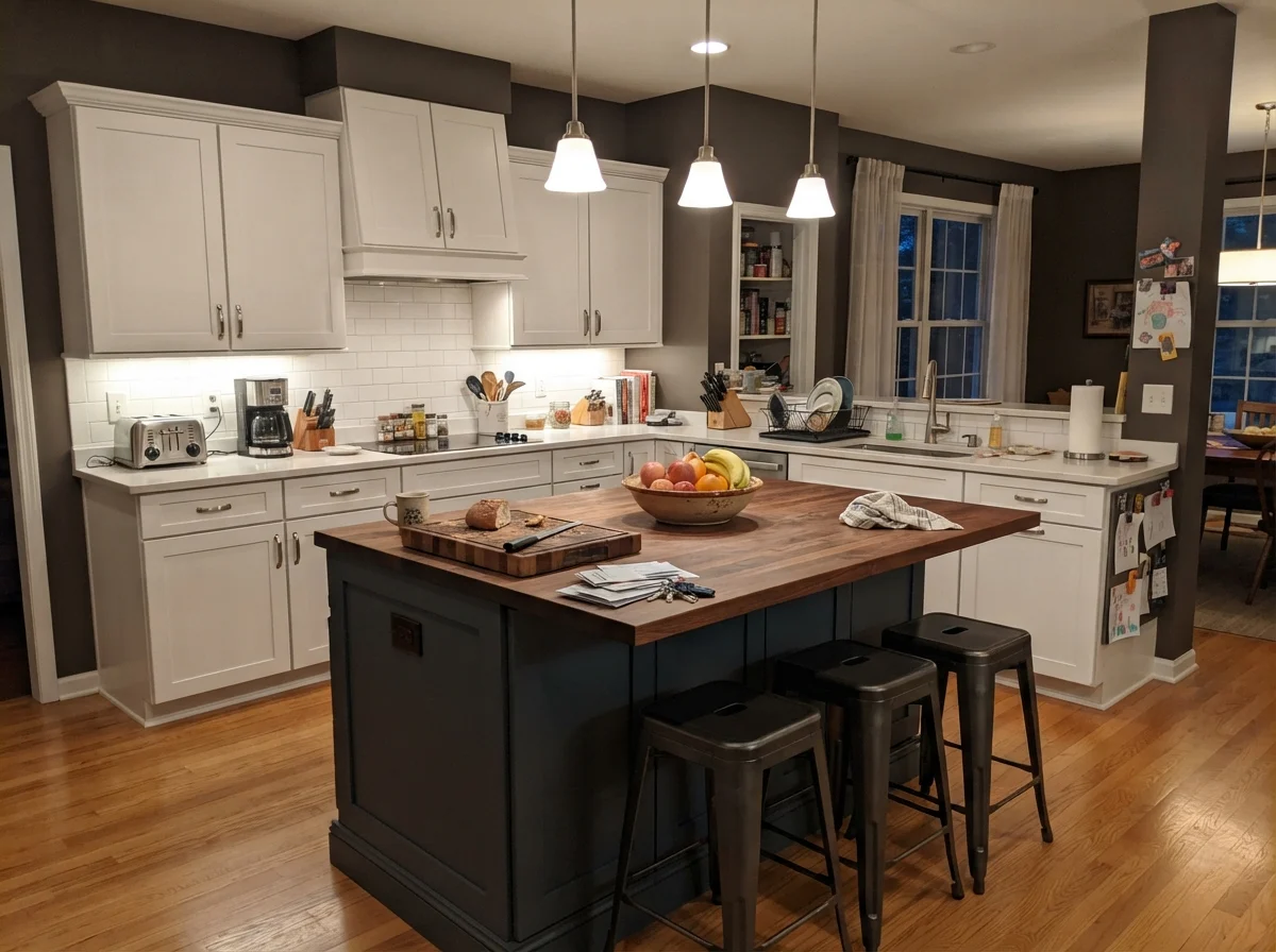 Kitchen island painted dark brown-charcoal surrounded by white cabinets and warm under-cabinet lighting.