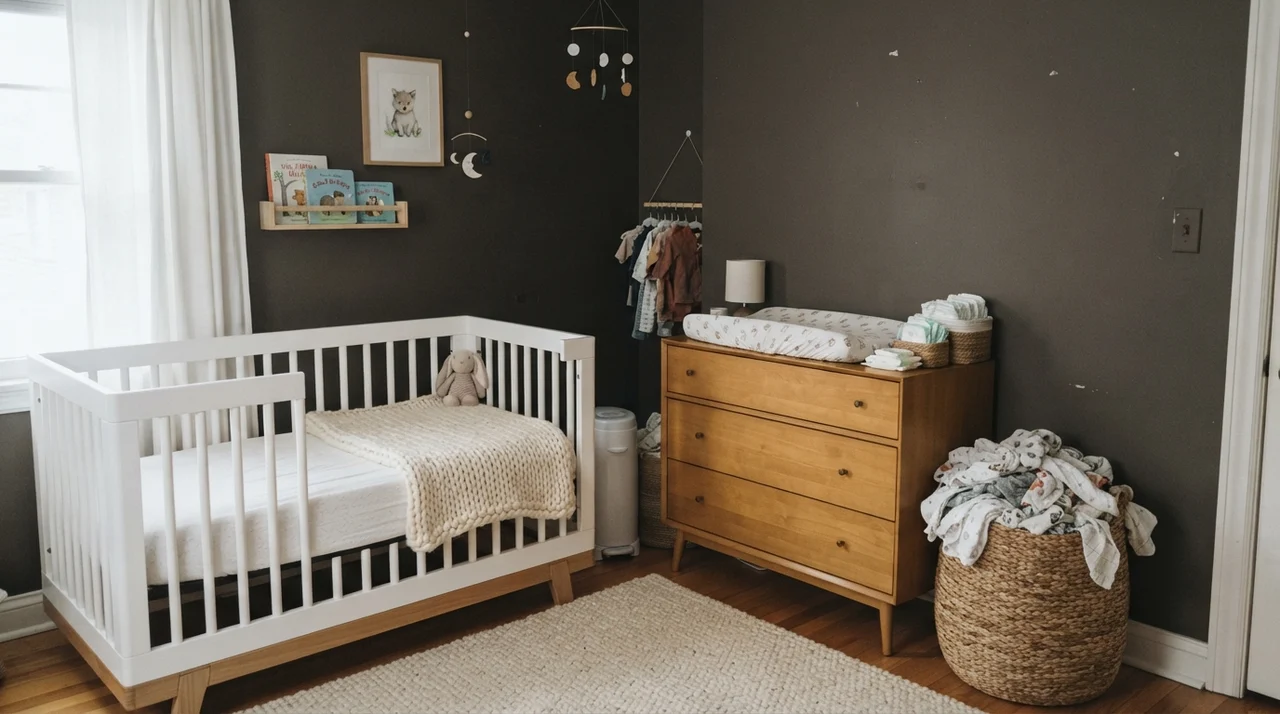Nursery with dark painted walls, white crib, knit blanket, and light wood changing table dresser.
