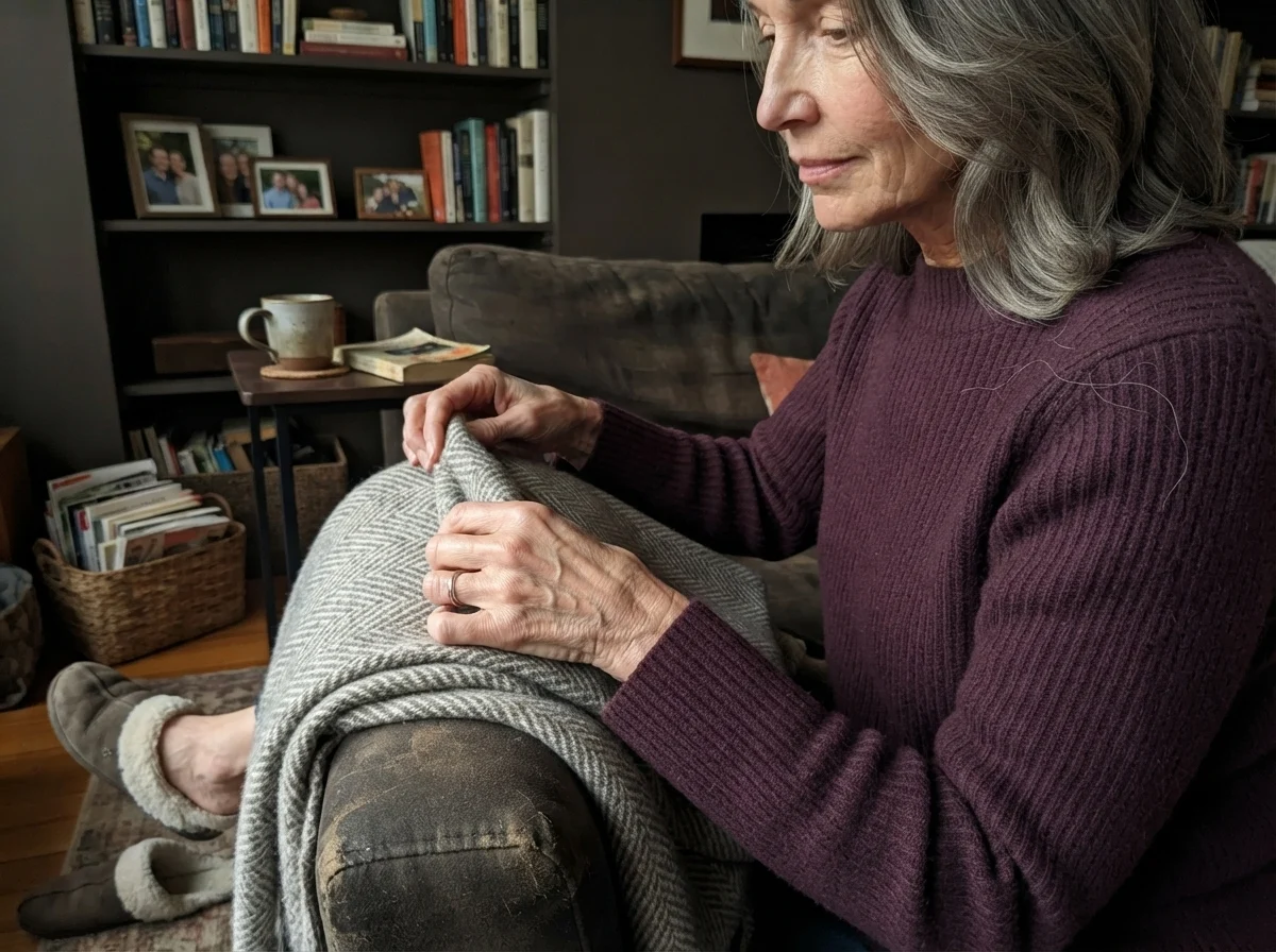 Susan Hartley in her living room with espresso-charcoal walls, refolding a throw blanket on the sofa.
