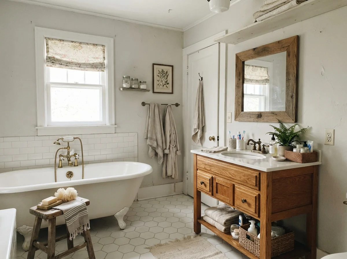Bathroom with white clawfoot tub, hex tile, warm oak vanity, and painted walls.