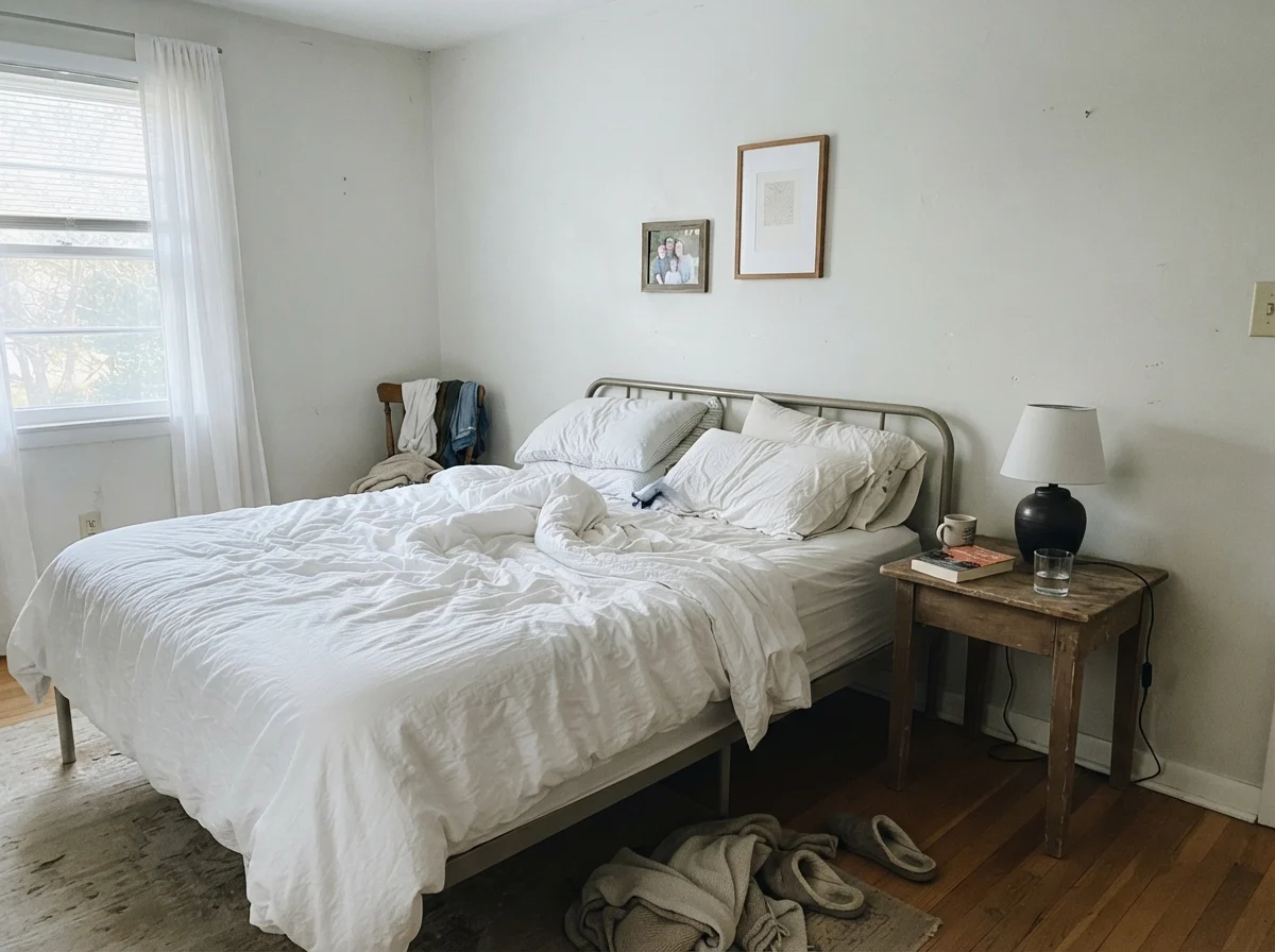 Bedroom with unmade white bed, wooden nightstand, and pale washed-out painted walls.