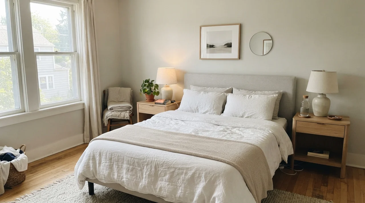 Serene bedroom with painted walls, white bedding, and pale oak nightstands.