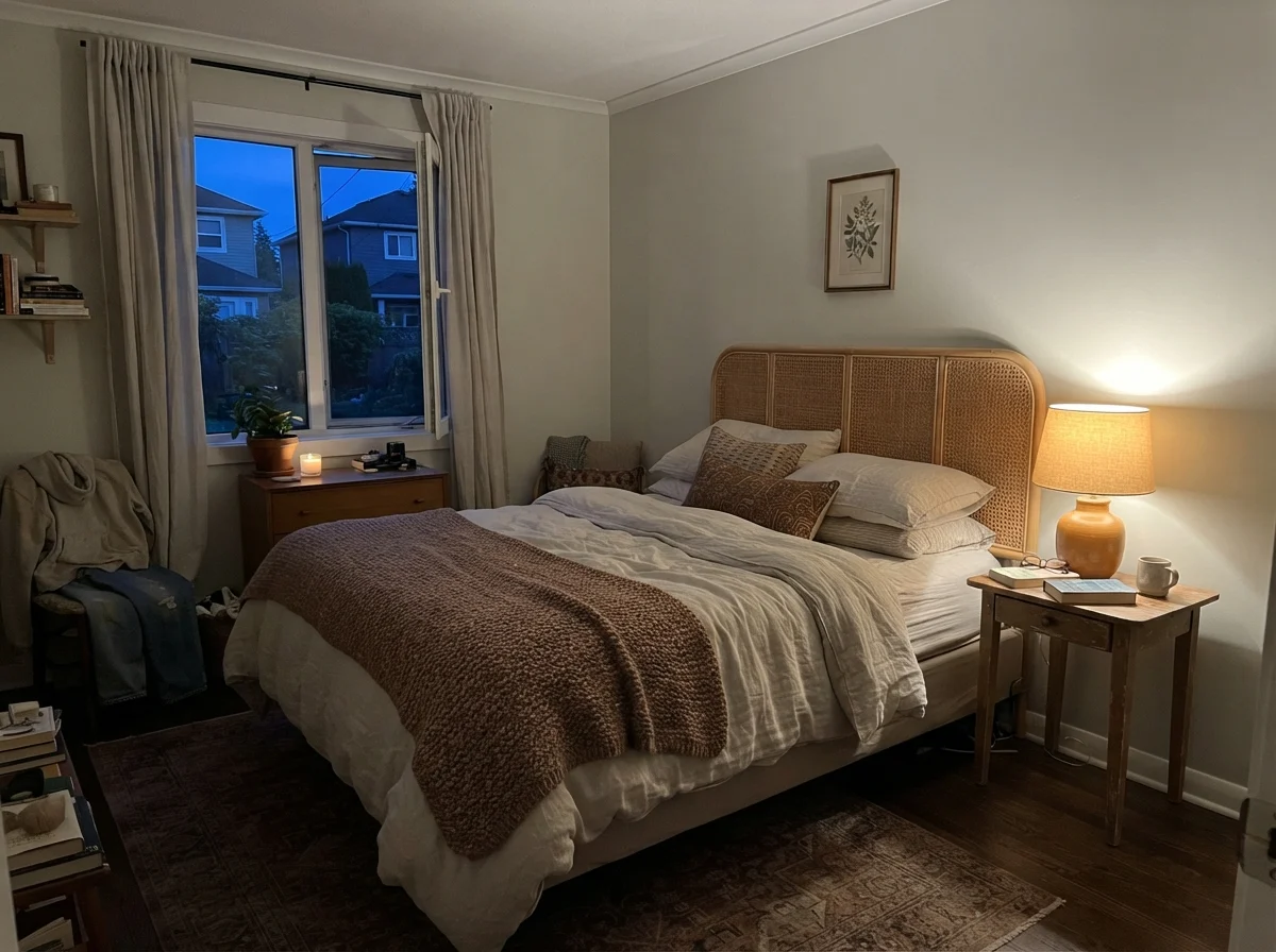 Bedroom with warm lamp glow on painted walls and a cane headboard.