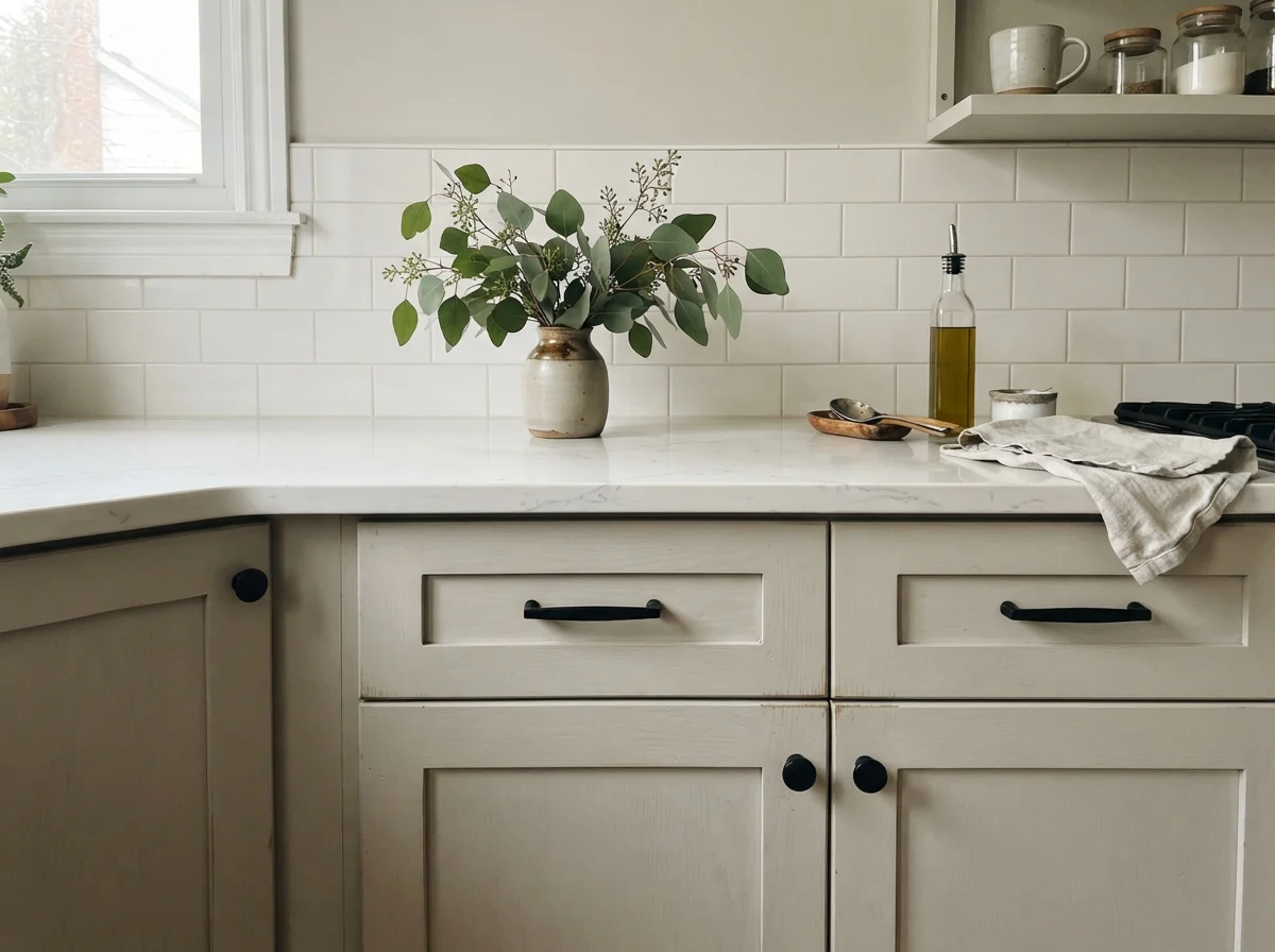 Detail view of painted cabinet doors with matte black hardware and white quartz.