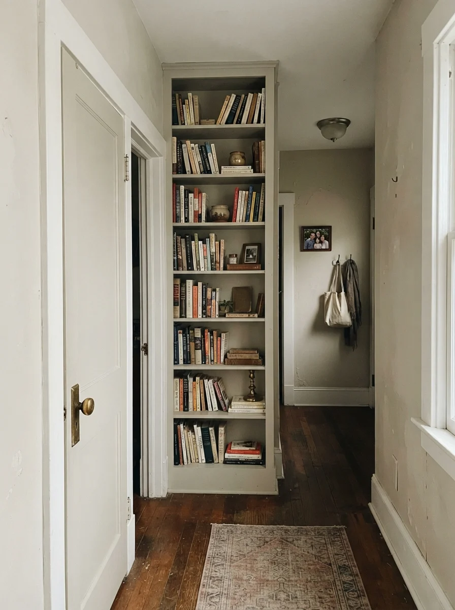 Hallway door and built-in bookshelf painted Silver Satin against cream walls.